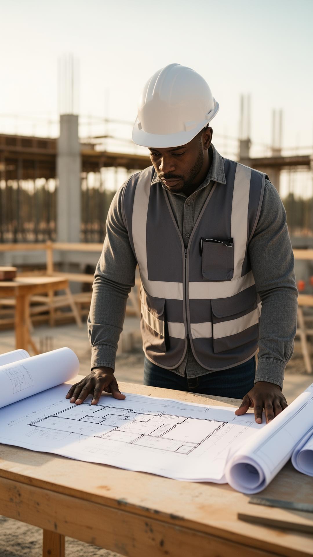 Upscale Construction builder reviewing blueprints on a Dallas jobsite