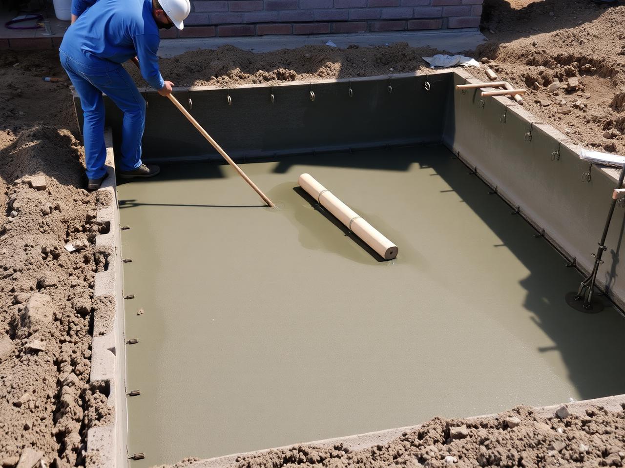 Fresh concrete foundation being finished on a residential build