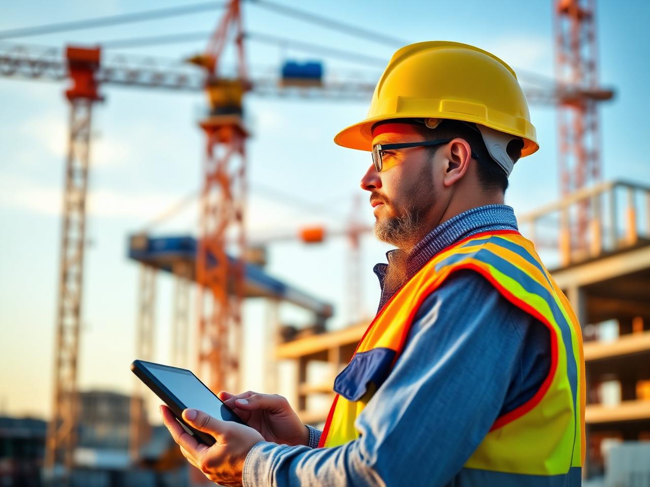 Construction project manager with tablet on an active jobsite